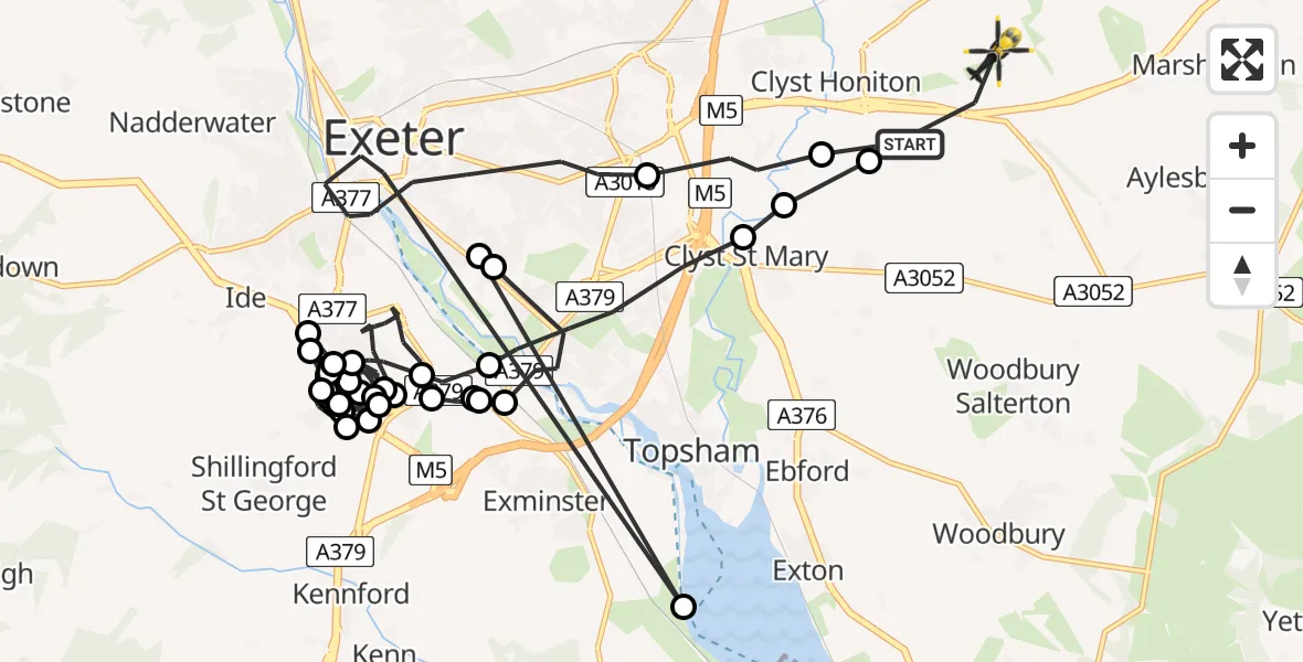 Flight route map: Police Helicopter to Exeter International Airport, Exeter International Airport