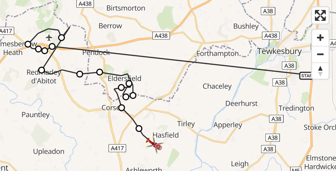 Routekaart van de vlucht: Air Ambulance Helicopter to Hasfield, Drapers Lane