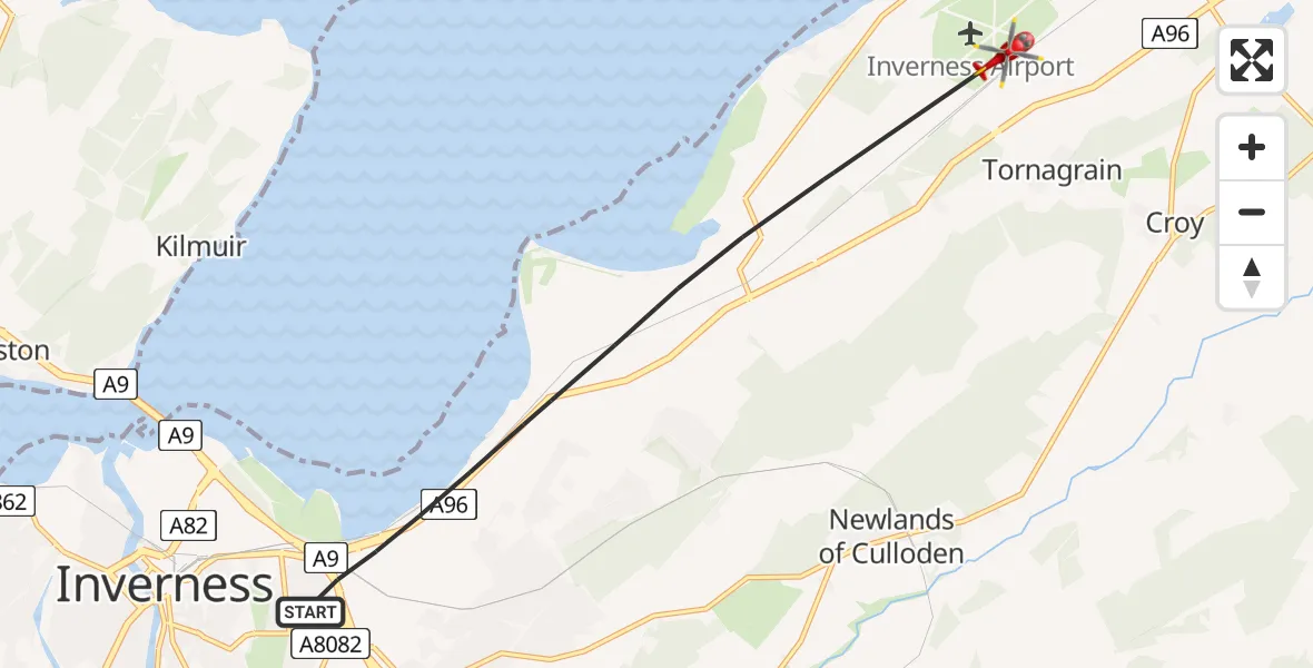 Flight route map: Air Ambulance Helicopter to Inverness Airport, Inverness Airport