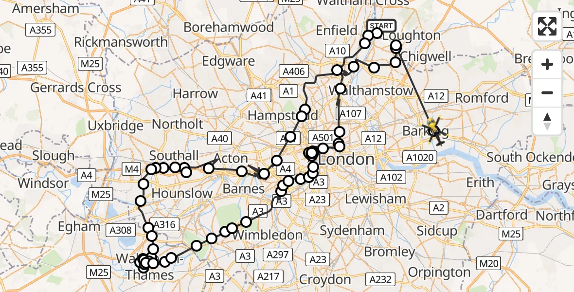 Flight route map: Police Helicopter to London Borough of Barking and Dagenham, Lambourne Road