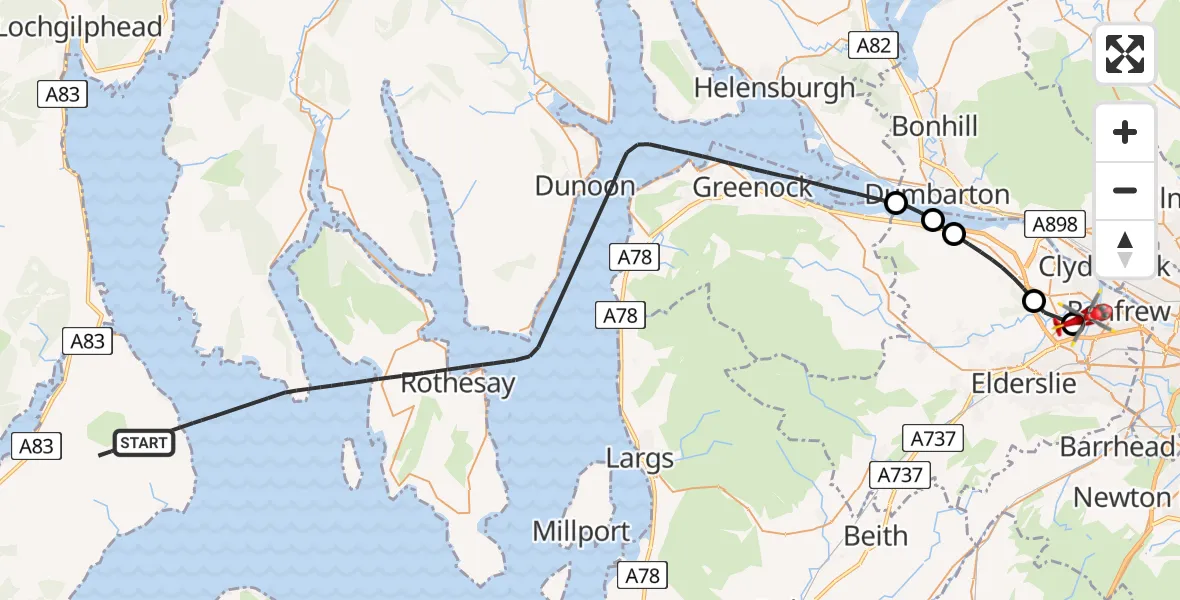 Flight route map: Air Ambulance Helicopter to Glasgow Airport, Glasgow Airport