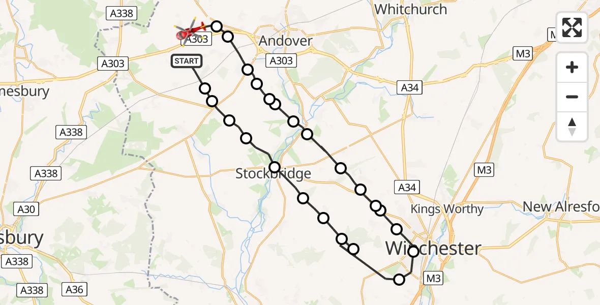 Flight route map: Air Ambulance Helicopter to Thruxton, Stanbury Road