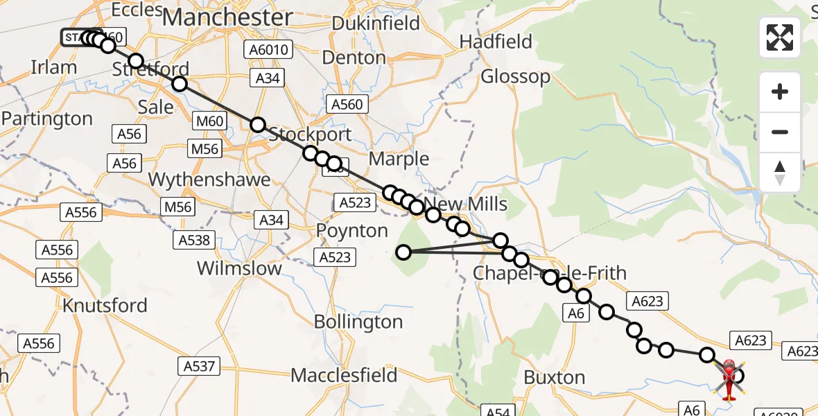 Flight route map: Air Ambulance Helicopter to Great Longstone CP, Great Longstone CP