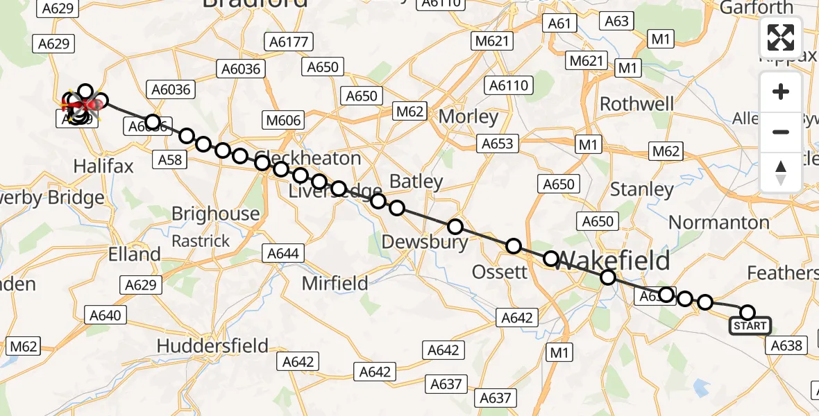 Flight route map: Air Ambulance Helicopter to Halifax, Shay Lane