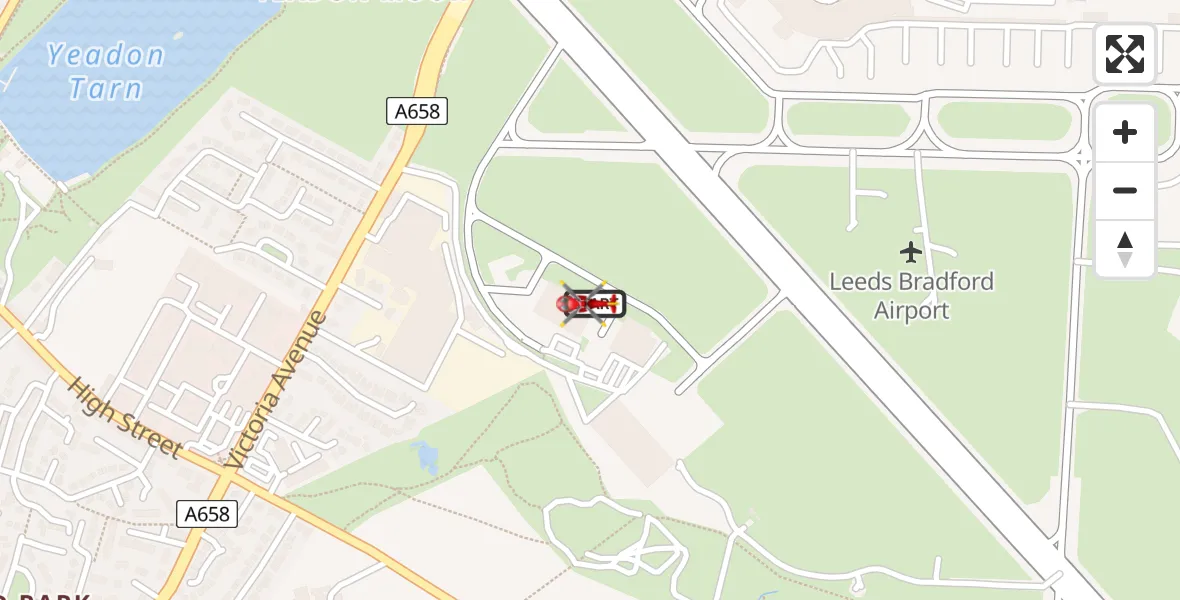 Flight route map: Air Ambulance Helicopter to Leeds Bradford Airport, Leeds Bradford Airport