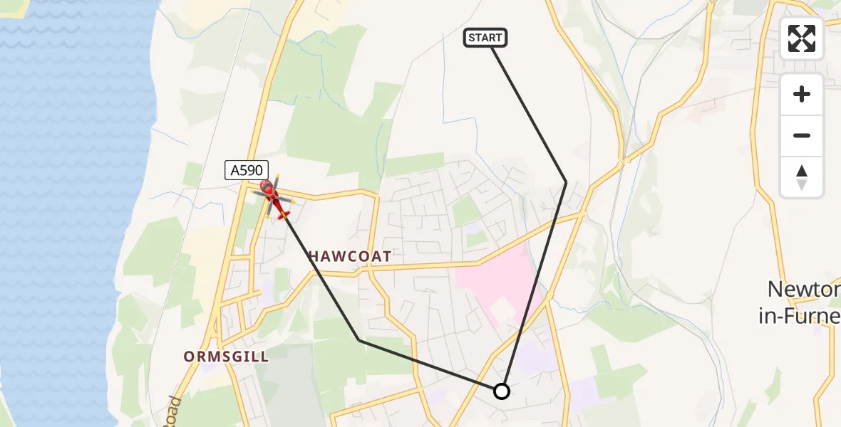 Routekaart van de vlucht: Air Ambulance Helicopter to Hawcoat, Whinsfield Avenue