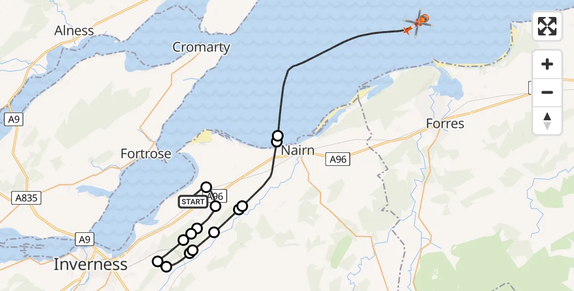 Flight route map: Coastguard Helicopter to North Sea, North Sea