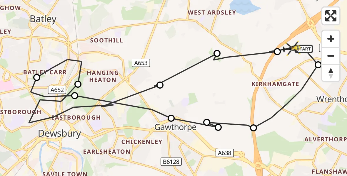 Flight path map showing Police Helicopter route from East Ardsley to East Ardsley