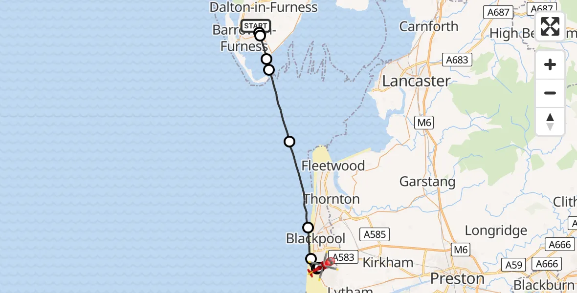Flight route map: Air Ambulance Helicopter to Blackpool Airport, Blackpool Airport