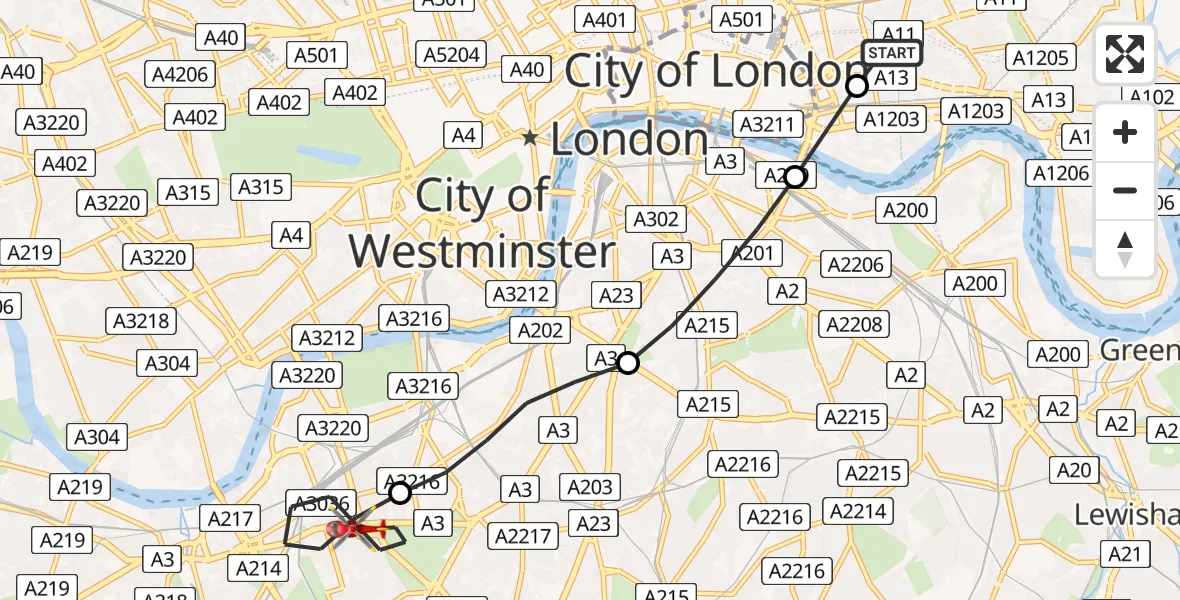 Flight route map: Air Ambulance Helicopter to London Borough of Wandsworth, Clapham Common North Side