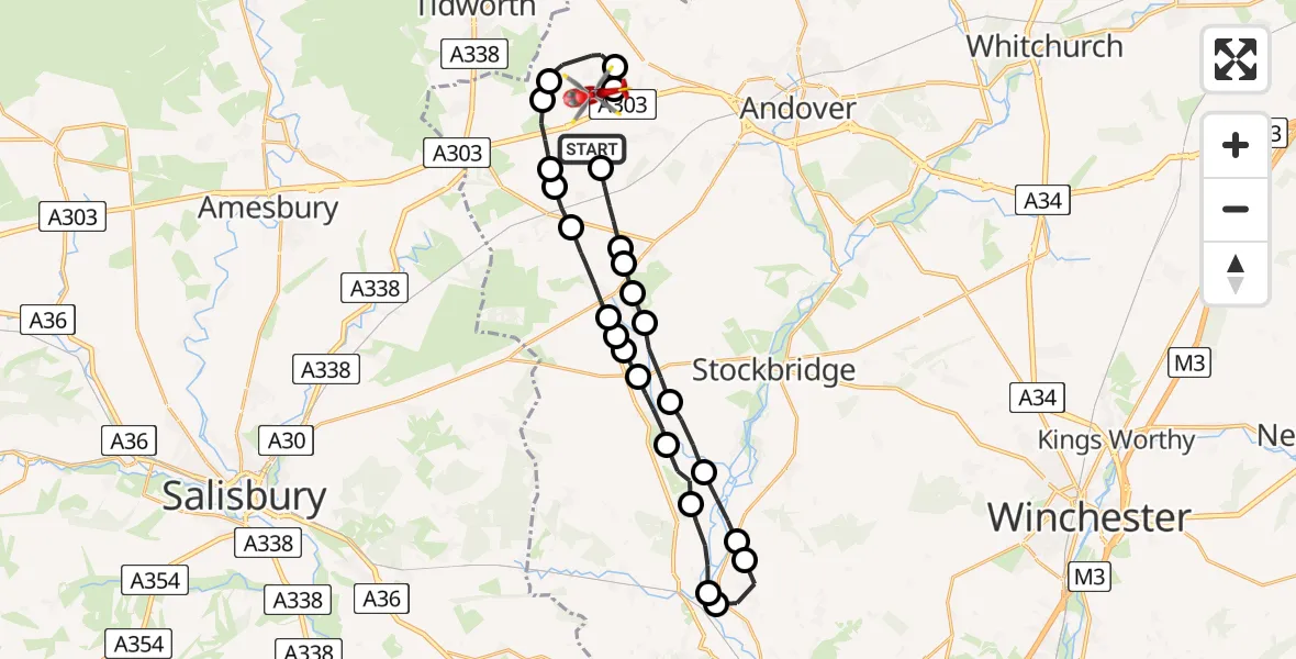 Flight route map: Air Ambulance Helicopter to Thruxton Aerodrome, Thruxton Aerodrome