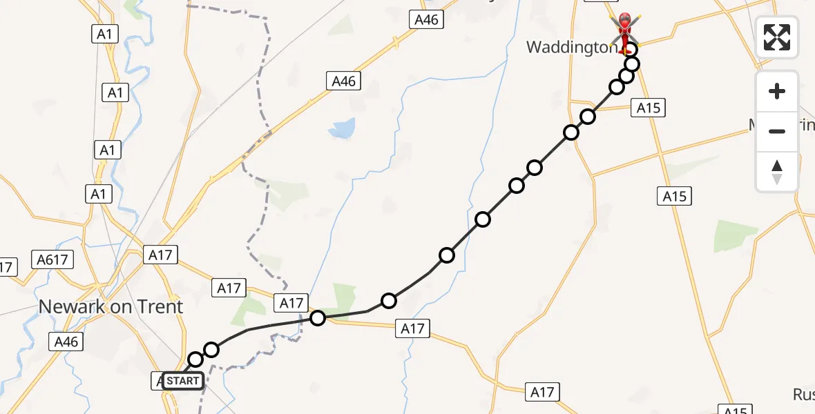 Routekaart van de vlucht: Air Ambulance Helicopter to North Kesteven, Sleaford Road