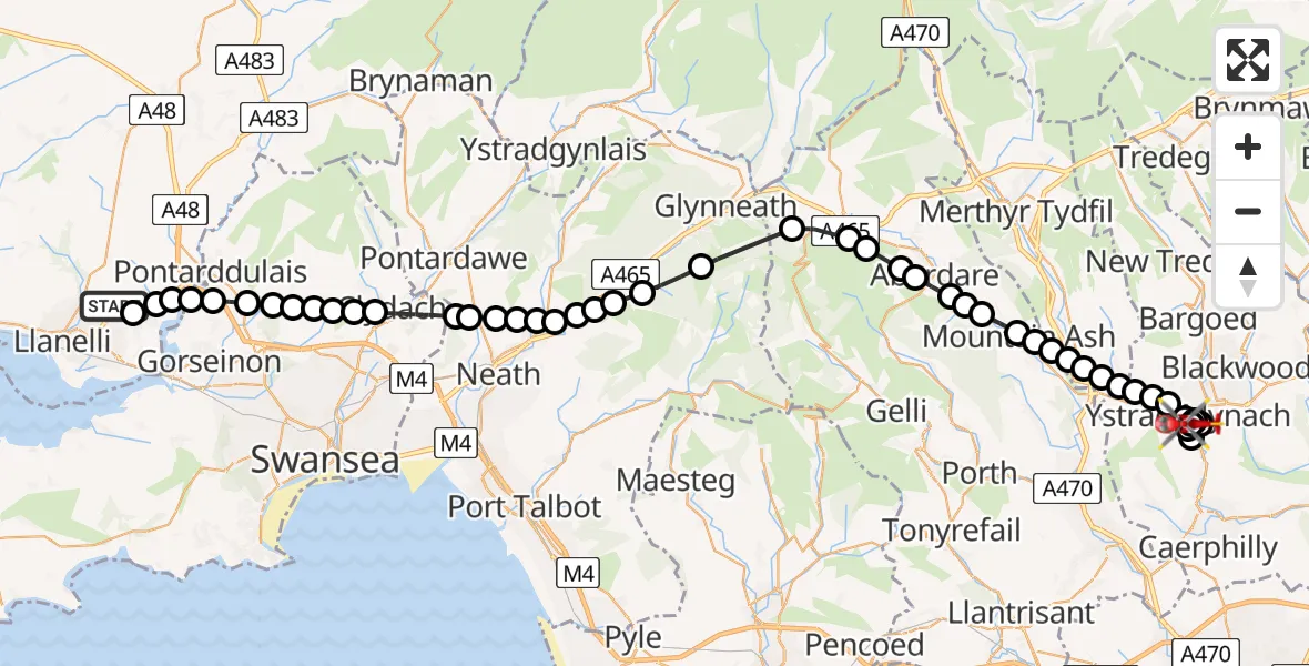 Flight route map: Air Ambulance Helicopter to Hengoed, Caerphilly Road