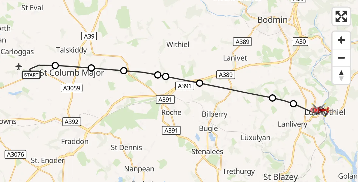 Flight route map: Air Ambulance Helicopter to Lostwithiel, Couchwell Lane