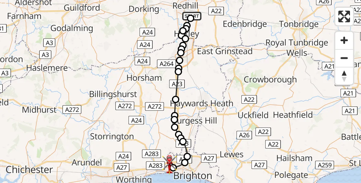 Flight route map: Air Ambulance Helicopter to Portslade by Sea, The Rise