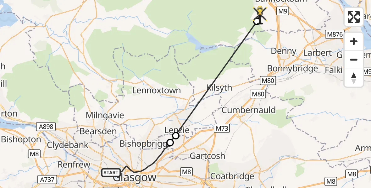 Flight route map: Police Helicopter to Stirling, New Line Road