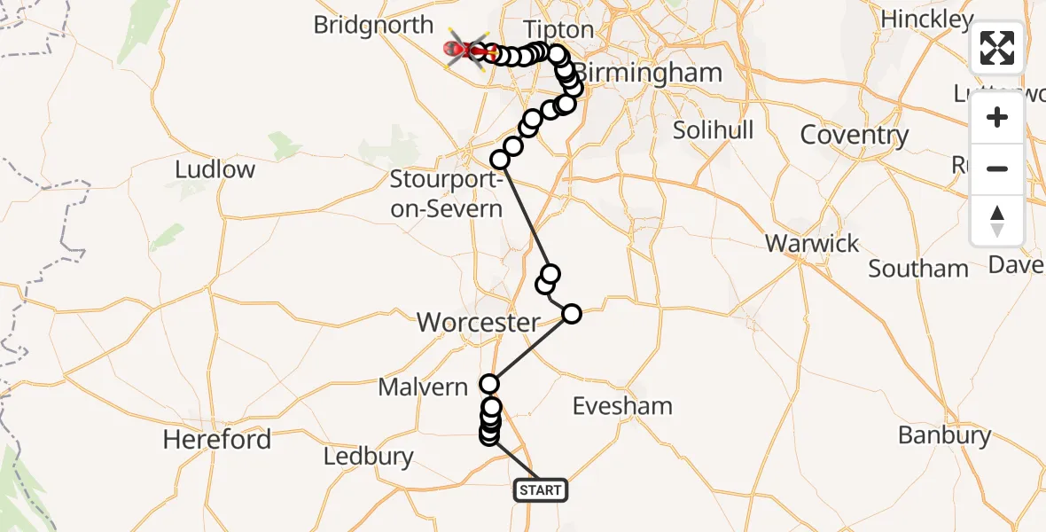 Flight route map: Air Ambulance Helicopter to Enville, Camp Hill Road