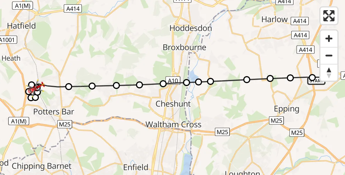 Flight route map: Air Ambulance Helicopter to Welwyn Hatfield, Hawkshead Lane