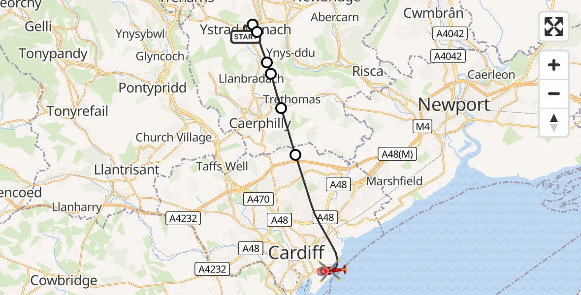 Routekaart van de vlucht: Air Ambulance Helicopter to Cardiff Heliport, Cardiff Heliport