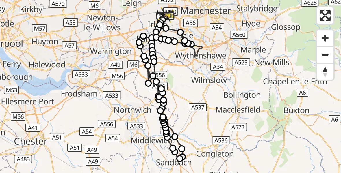 Flight route map: Police Helicopter to Manchester Barton Aerodrome, Manchester Barton Aerodrome