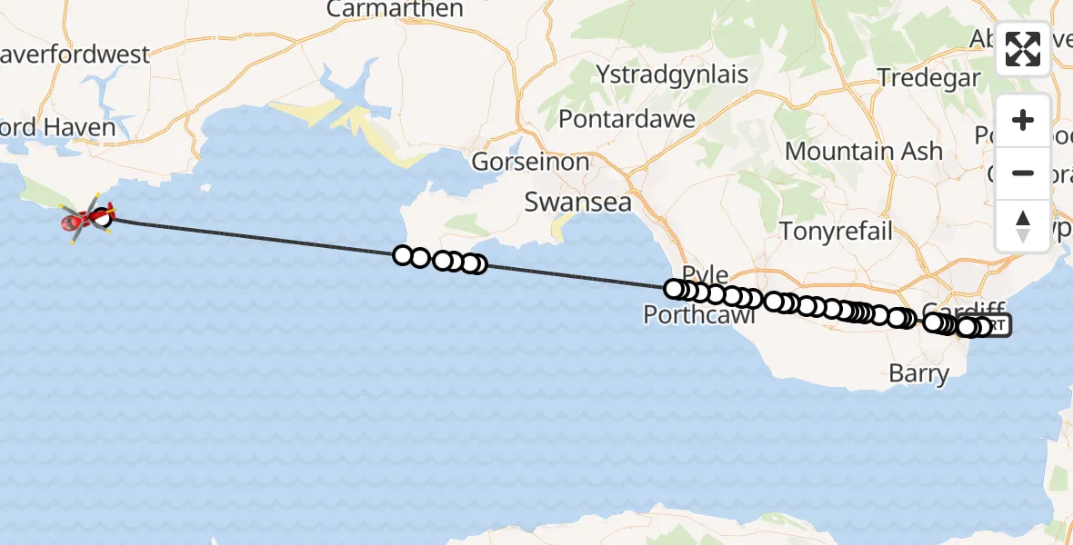 Flight route map: Air Ambulance Helicopter to Bosherston, Bosherston