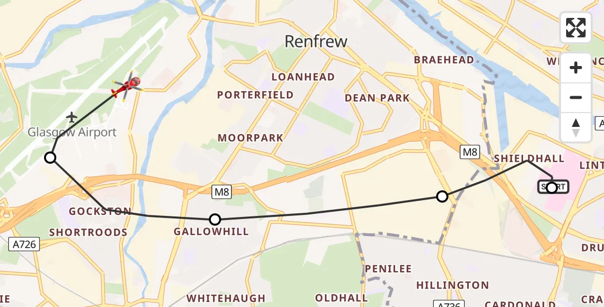 Flight route map: Air Ambulance Helicopter to Glasgow Airport, Glasgow Airport