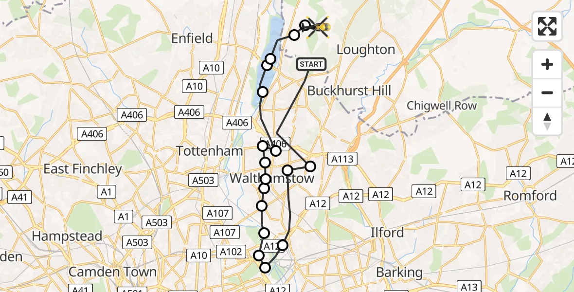 Flight route map: Police Helicopter to Epping Forest, Green Lane