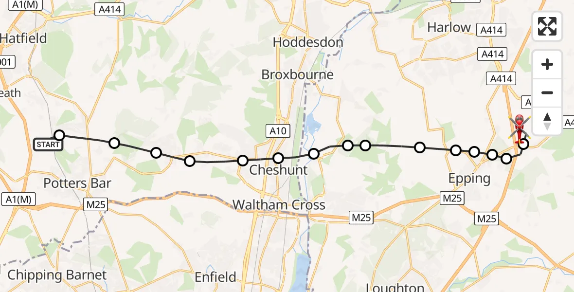 Flight route map: Air Ambulance Helicopter to North Weald Airfield, North Weald Airfield