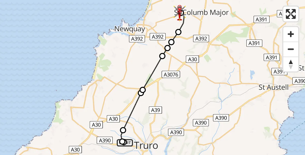 Flight route map: Air Ambulance Helicopter to Cornwall Airport Newquay, Cornwall Airport Newquay