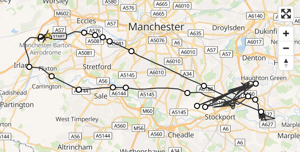 Flight route map: Police Helicopter to Manchester Barton Aerodrome, Manchester Barton Aerodrome