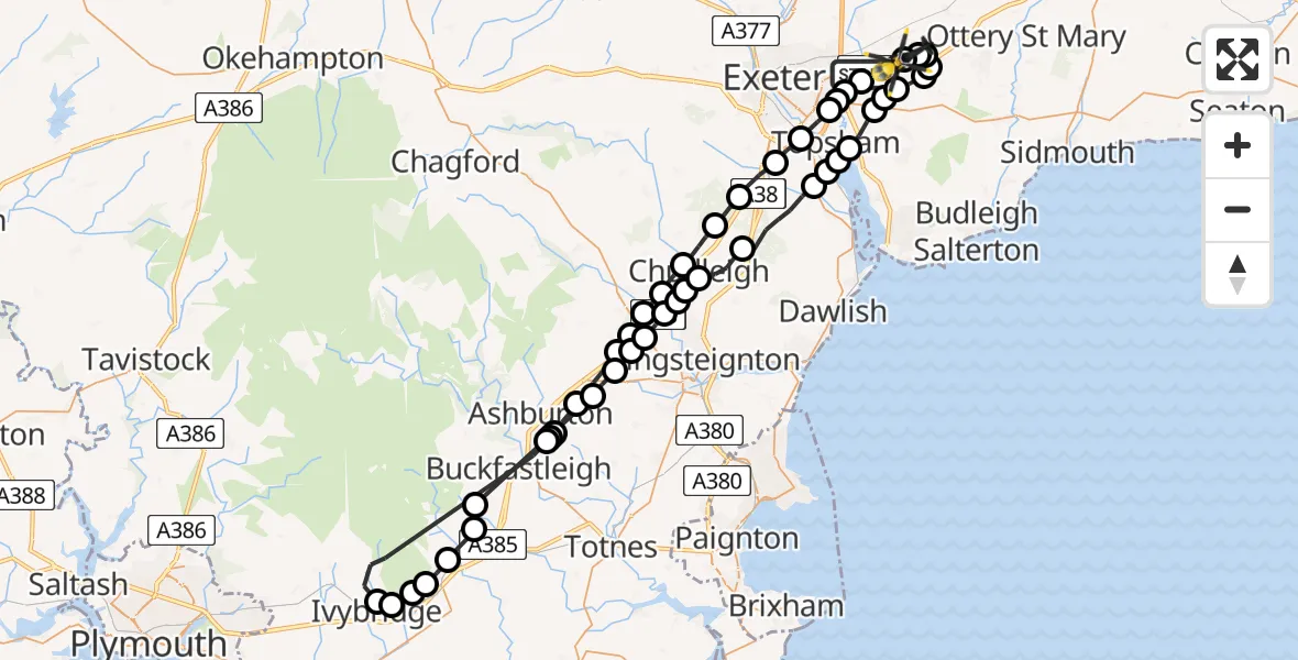 Flight route map: Police Helicopter to Exeter International Airport, Exeter International Airport
