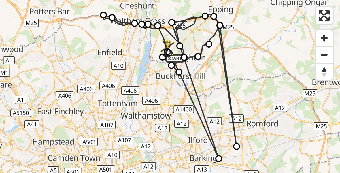 Flight route map: Police Helicopter to Sewardstonebury, Lippitts Hill