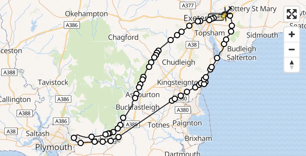 Flight route map: Police Helicopter to Rockbeare, Silver Lane