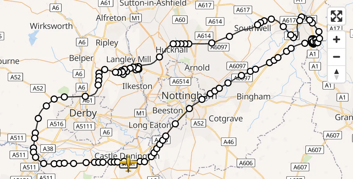 Flight route map: Police Aircraft to East Midlands Airport, East Midlands Airport