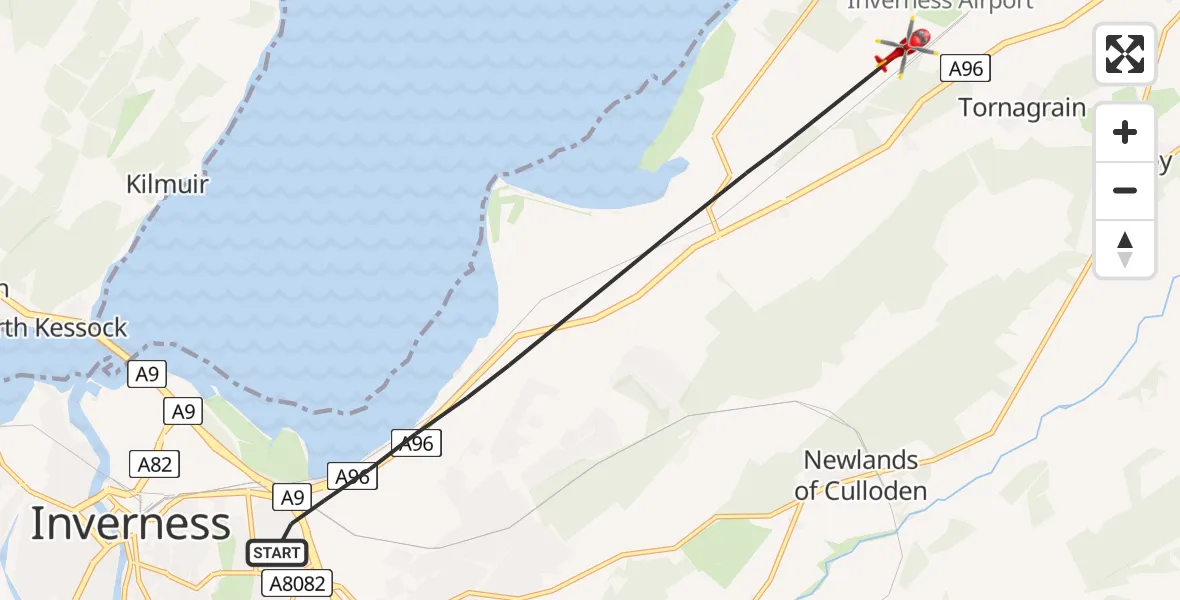 Flight route map: Air Ambulance Helicopter to Tornagrain, Tornagrain