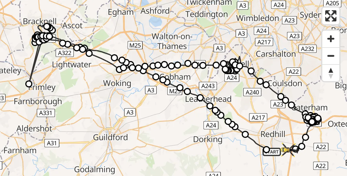 Flight route map: Police Helicopter to South Nutfield, M23