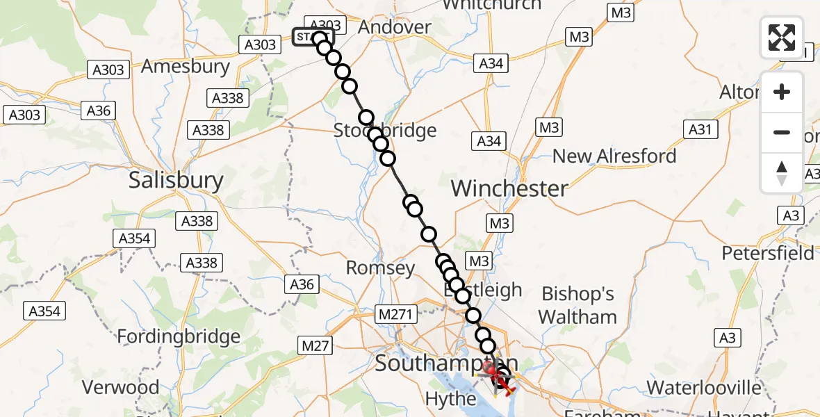 Flight route map: Air Ambulance Helicopter to Butlocks Heath, Woodlands Way