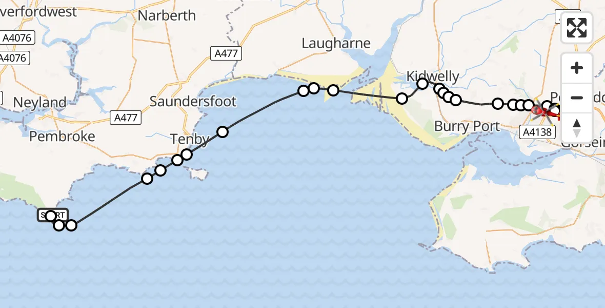 Routekaart van de vlucht: Air Ambulance Helicopter to Dafen, Heol Aur