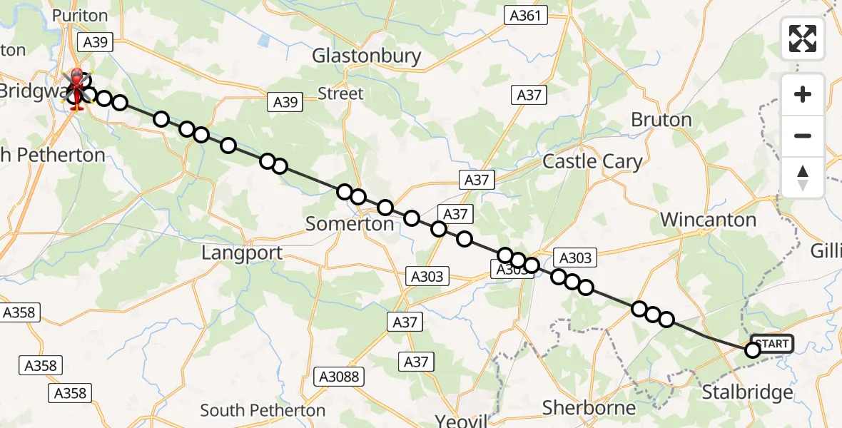 Flight route map: Air Ambulance Helicopter to Bridgwater, Lime Tree Close