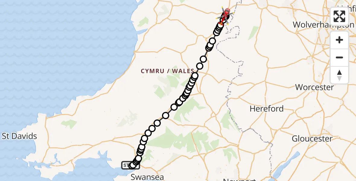 Flight route map: Air Ambulance Helicopter to Welshpool Airport, Welshpool Airport