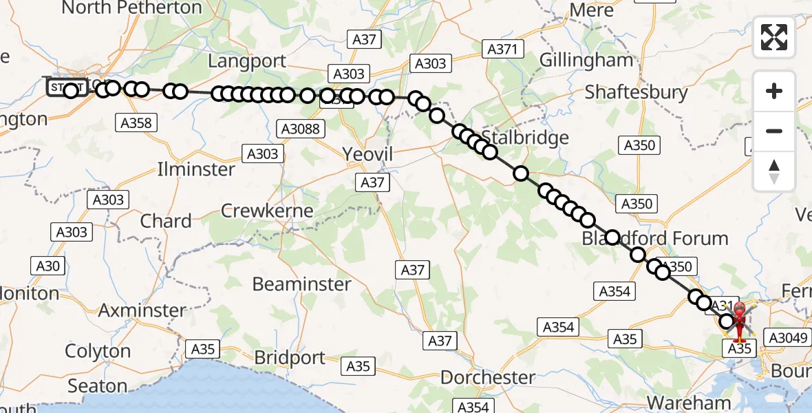 Routekaart van de vlucht: Air Ambulance Helicopter to Corfe Mullen, Chapel Lane