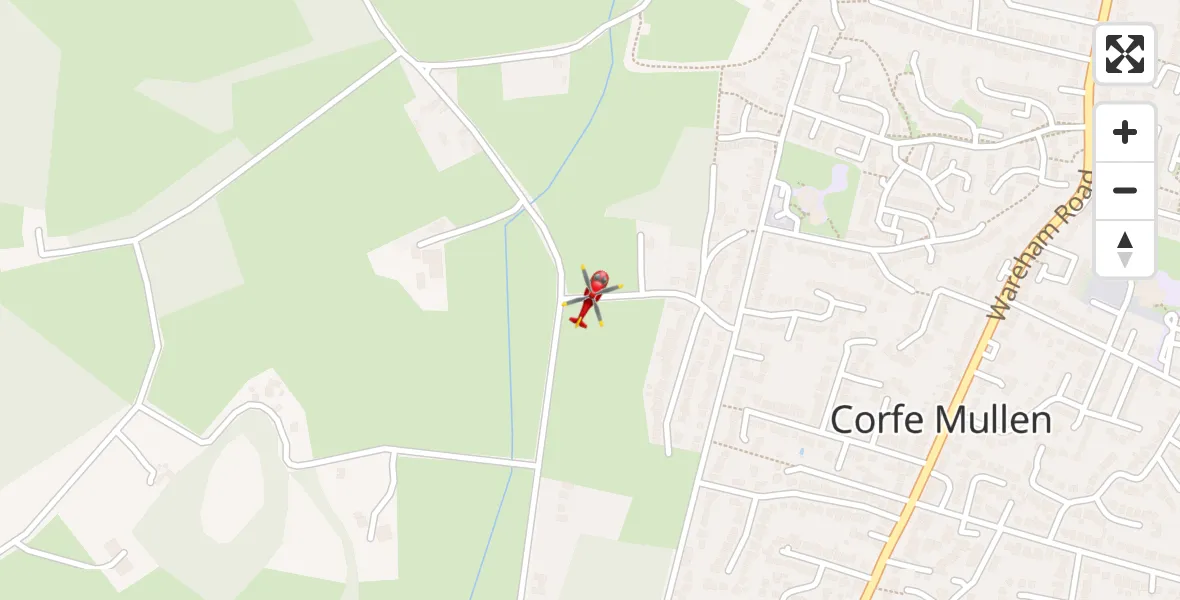 Flight route map: Air Ambulance Helicopter to Corfe Mullen, Chapel Lane