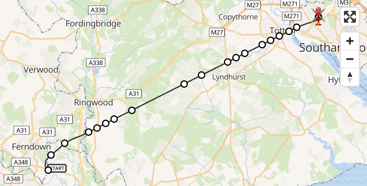 Flight route map: Air Ambulance Helicopter to University Hospital Southampton, University Hospital Southampton