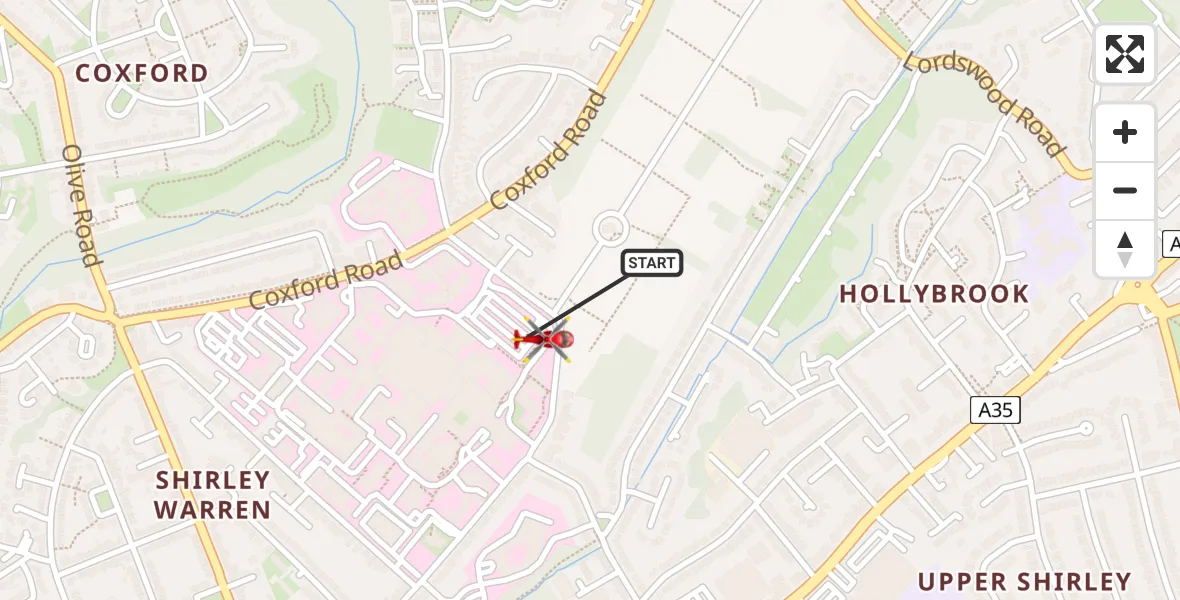 Flight route map: Air Ambulance Helicopter to University Hospital Southampton, University Hospital Southampton