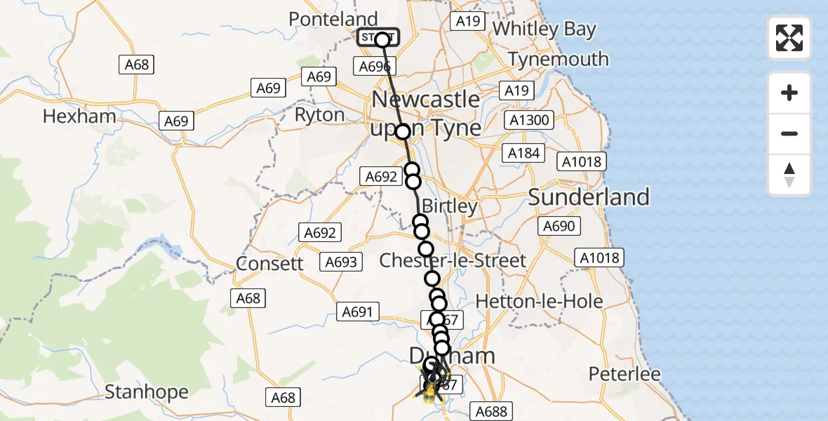 Routekaart van de vlucht: Police Helicopter to Langley Moor, Rosebay Road