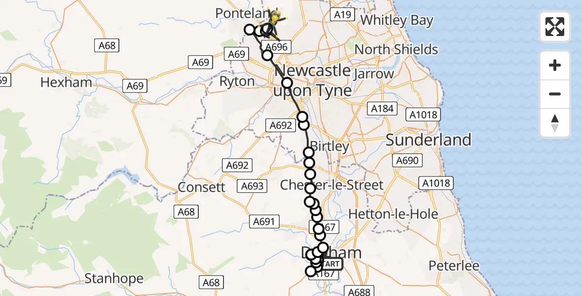 Routekaart van de vlucht: Police Helicopter to Newcastle International Airport, Newcastle International Airport