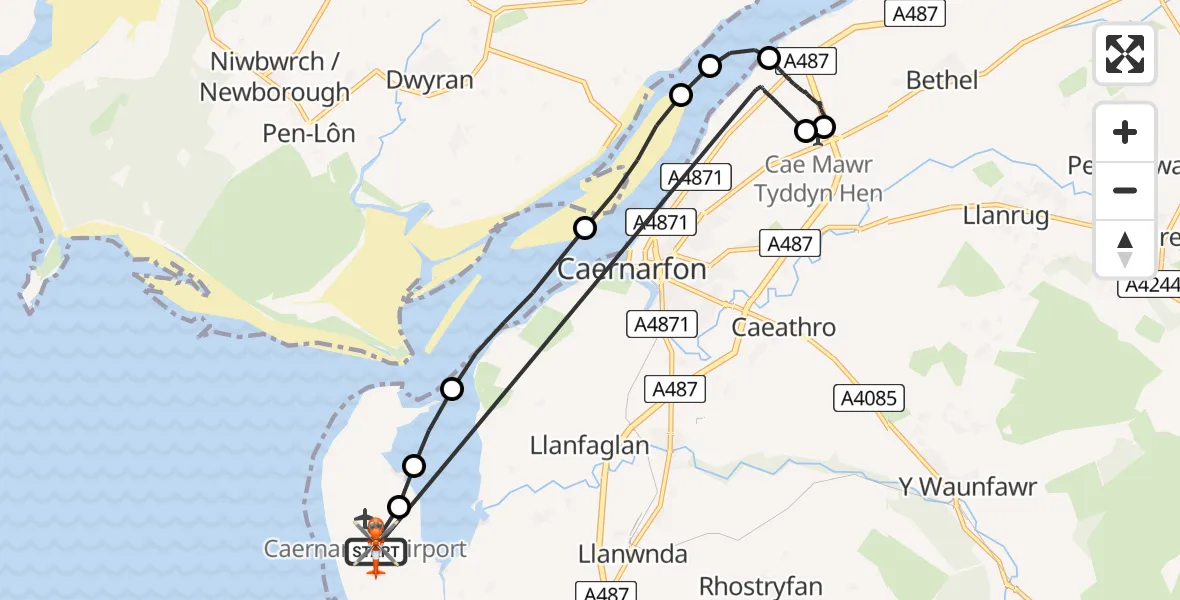 Flight path map showing Coastguard Helicopter route from Caernarfon Airport to Caernarfon Airport