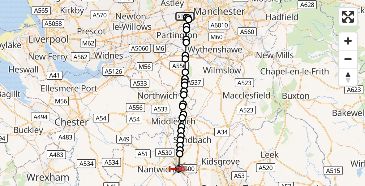 Flight route map: Air Ambulance Helicopter to Basford, Weston Lane