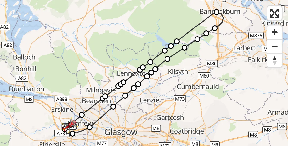 Flight route map: Air Ambulance Helicopter to Glasgow Airport, Glasgow Airport