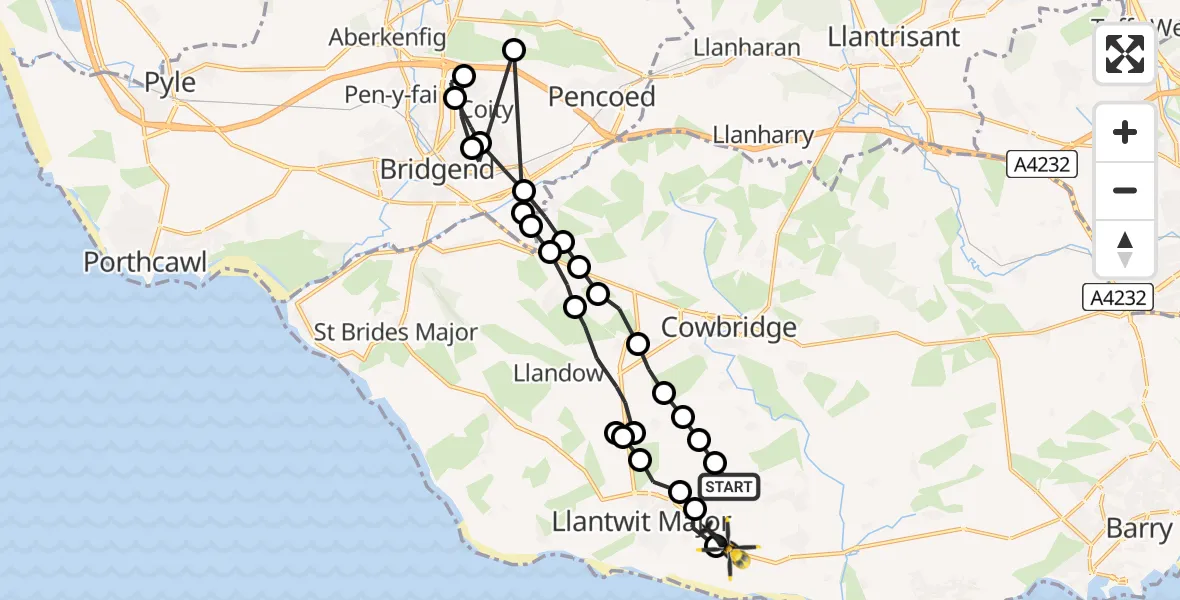 Flight route map: Police Helicopter to MOD St Athan, MOD St Athan